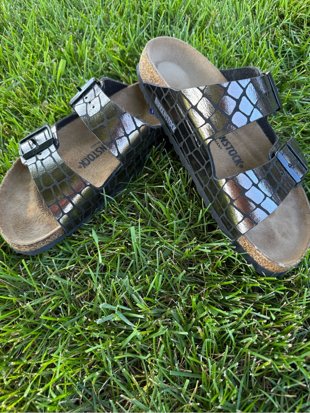 Birkenstock Metallic Black Croc-Pattern Two-Strap Sandals